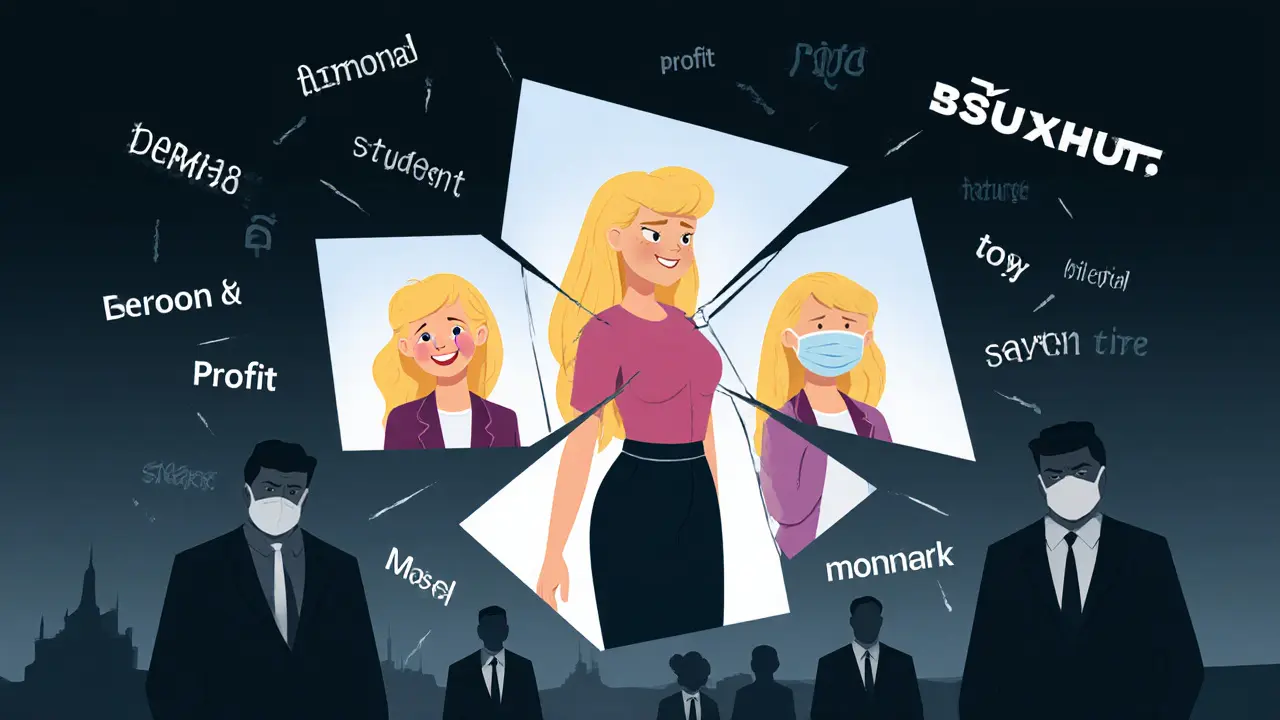 Блондинка в разбитом зеркале, каждое осколок показывает разный стереотип, вокруг — слова: спрос, прибыль, молчание.