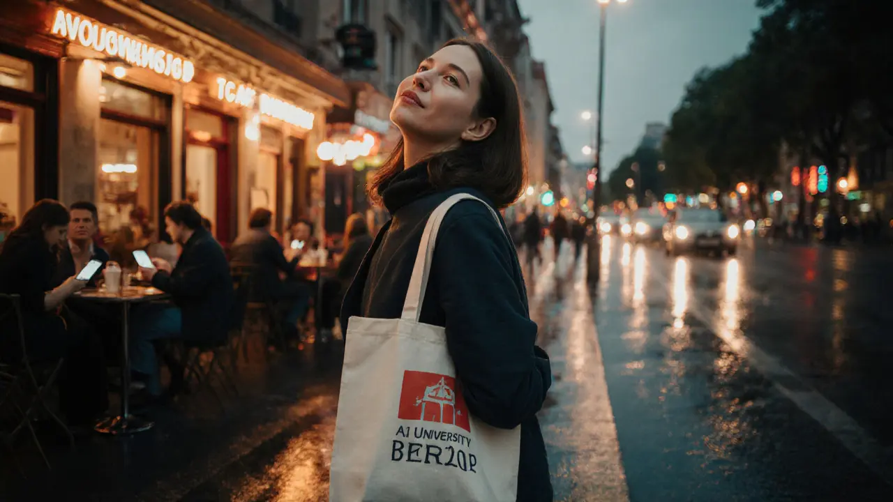 Брюнетка идёт по вечерней улице Берлина, держа сумку с логотипом университета, задумчиво смотрит в небо.