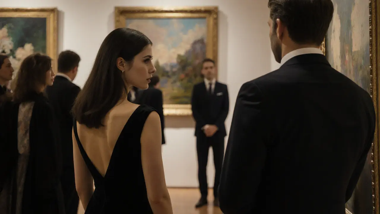 Брюнетка в черном платье в галерее, внимательно смотрит на картину, мужчина наблюдает за ней вдалеке.