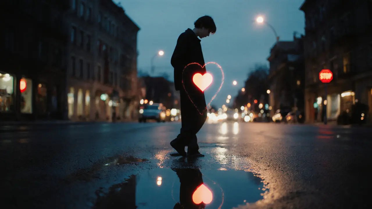 Человек идёт по вечернему городу, его отражение в луже показывает символы самосознания и личных границ.