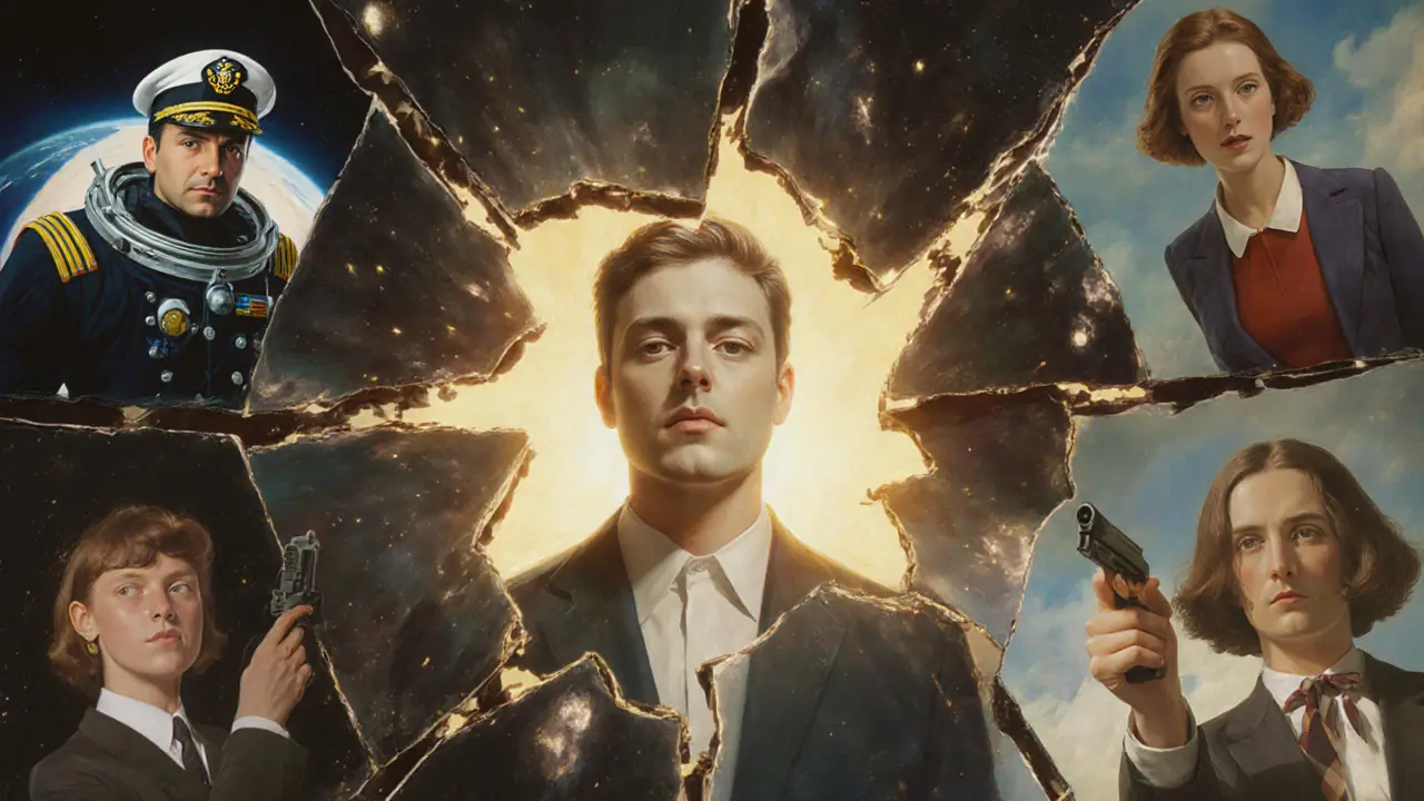 Человек смотрит в разбитое зеркало, где каждое осколок отражает другую роль.