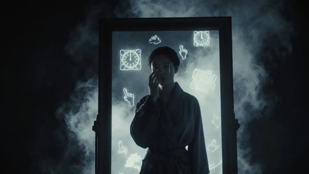 Человек смотрит в зеркало, где общественные ожидания растворяются в дыму.