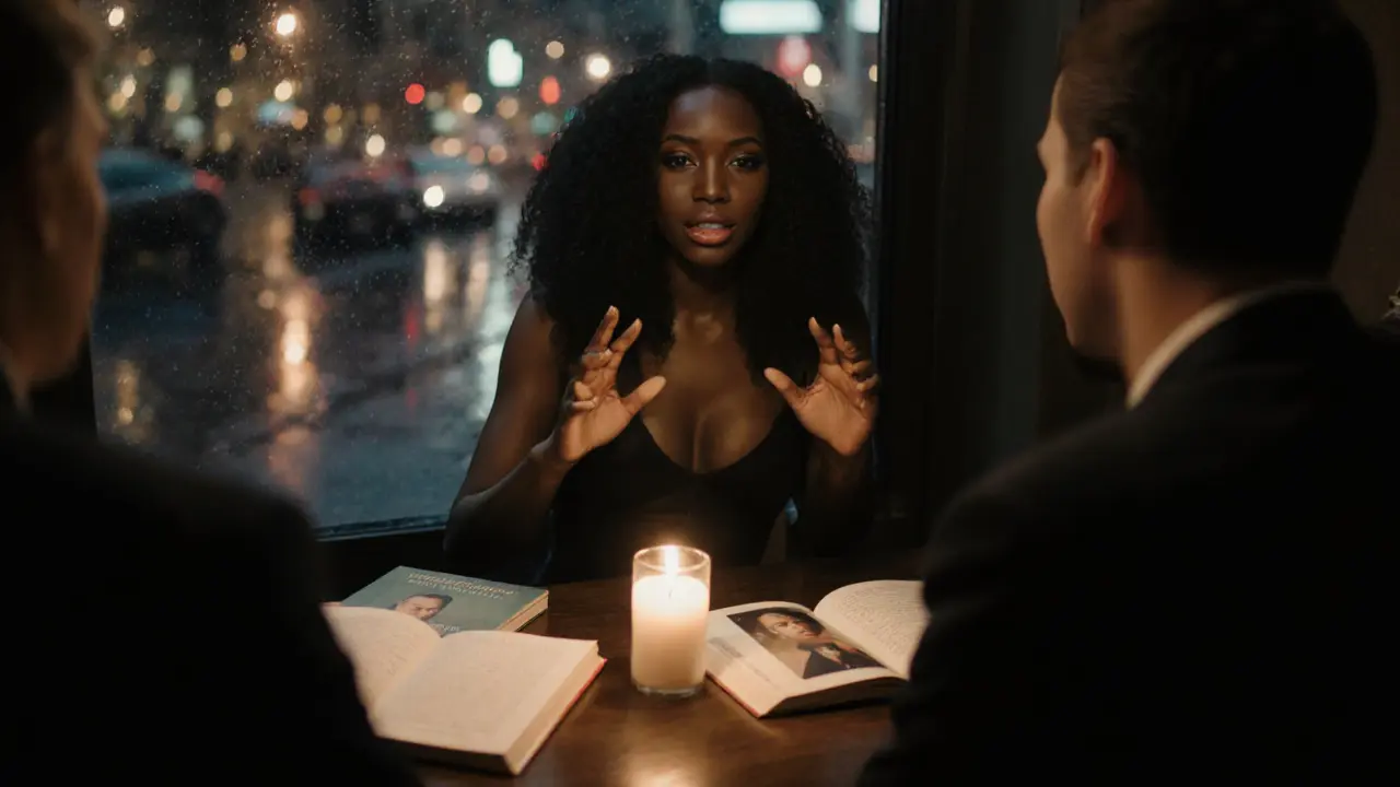 Чернокожая женщина ведёт глубокий разговор с клиентом в петербургском кафе при свечном свете.