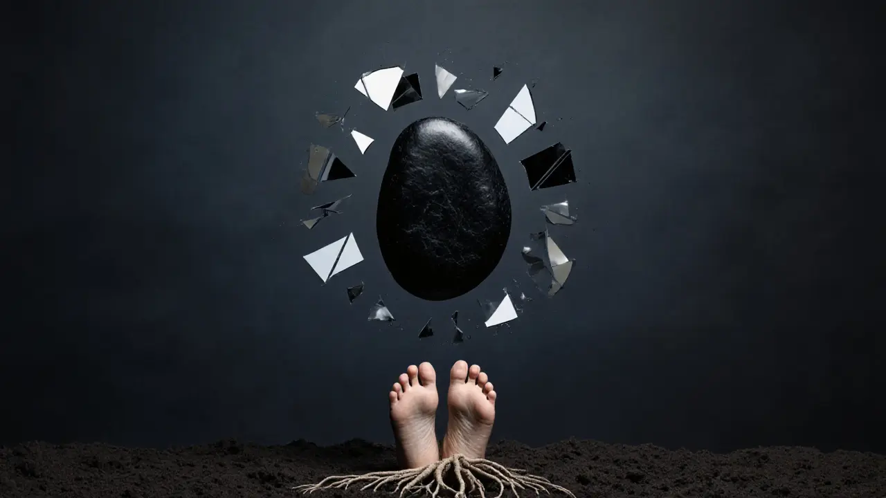 Чёрный эбонитовый камень парит в воздухе, окруженный осколками зеркал, символизируя внутреннюю силу.