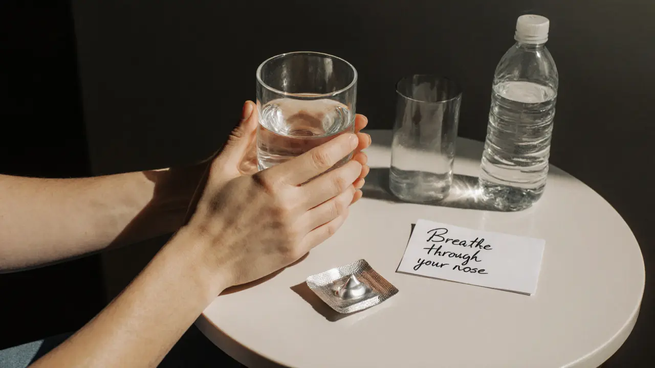 Детали подготовки: вода, презерватив и заметка с напоминанием о дыхании — акцент на безопасности.