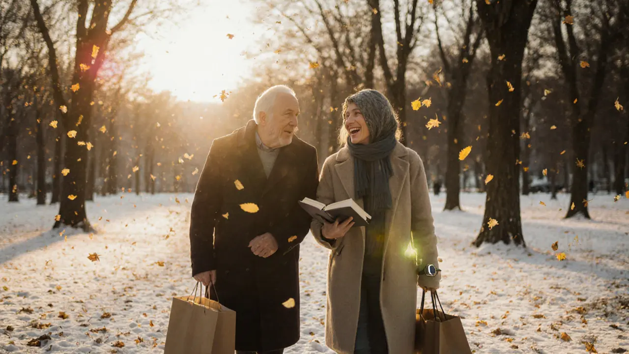 Долгосрочный компаньон и клиент прогуливаются по парку, символизируя доверие и стабильность.