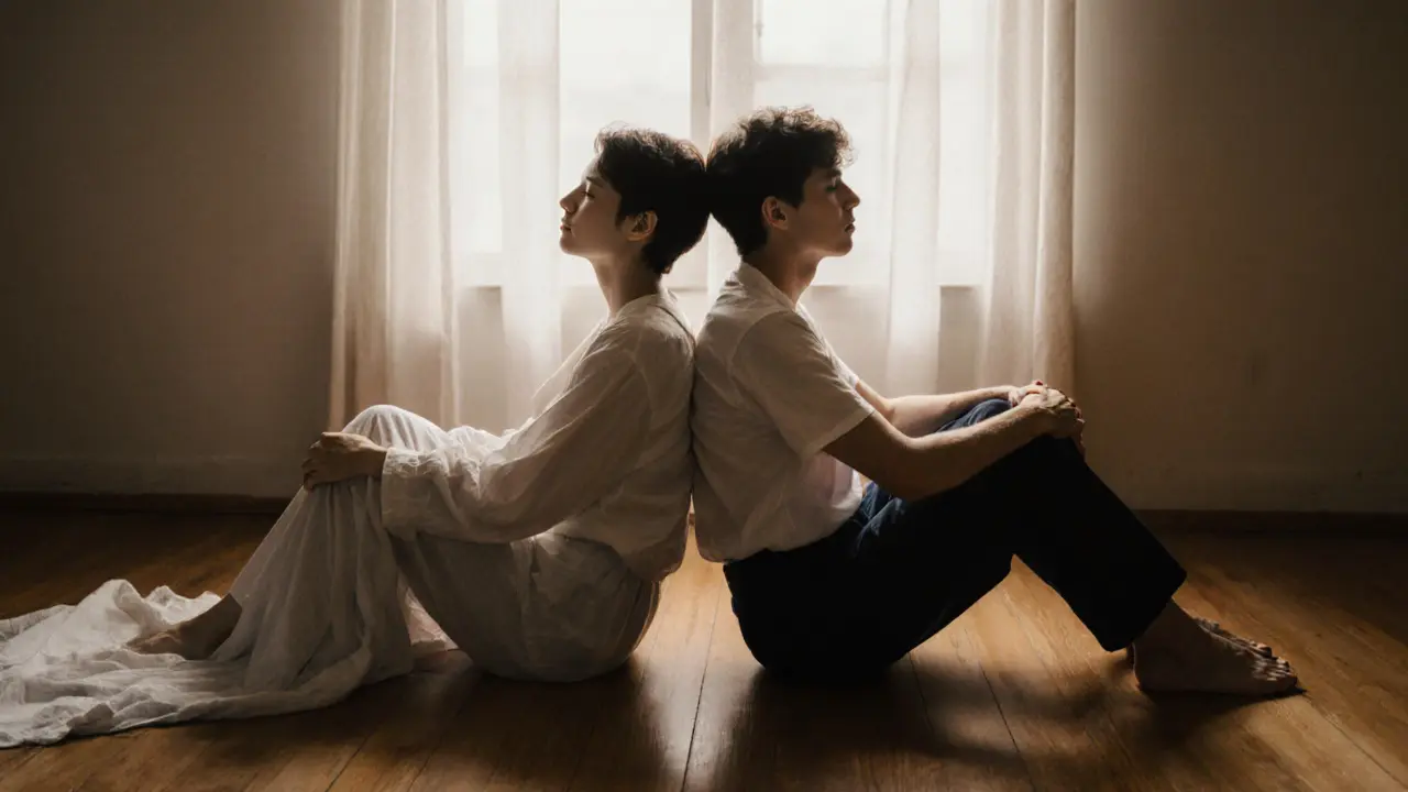 Два человека сидят спина к спине на полу, касаясь плечами, на рассвете.