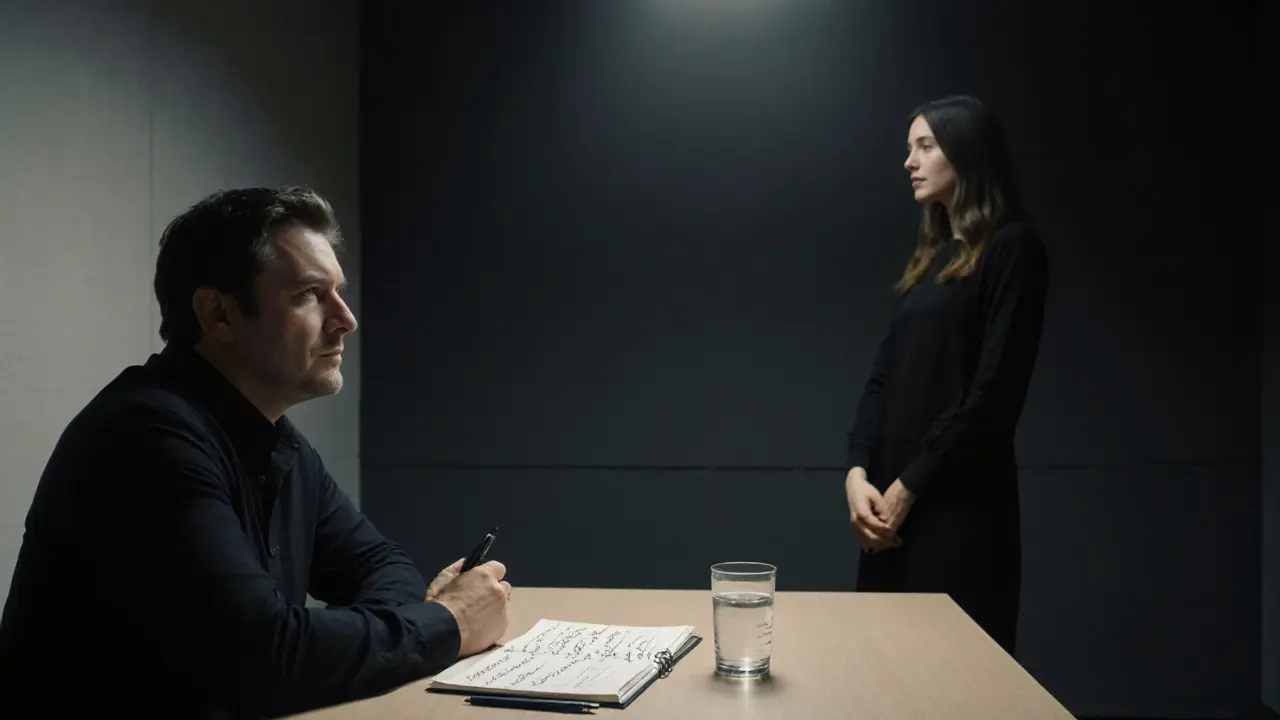 Два человека в тихой комнате обсуждают границы за столом, без физического контакта, в атмосфере уважения.