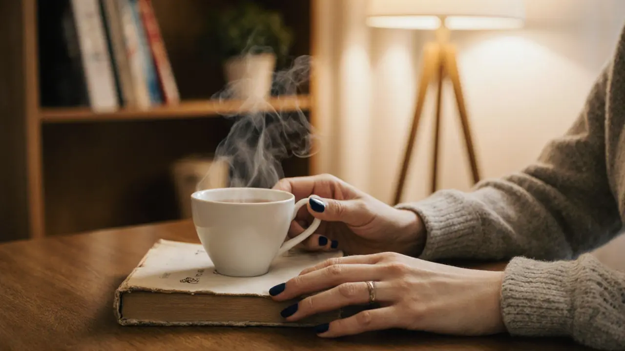 Две руки на деревянном столе: книга и чашка чая, без лиц, только детали.