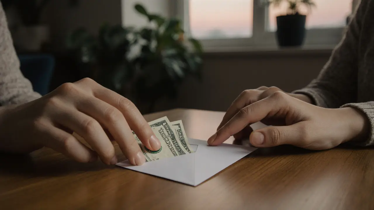 Две руки — одна кладёт деньги, другая мягко касается их — в тихом акте уважения.