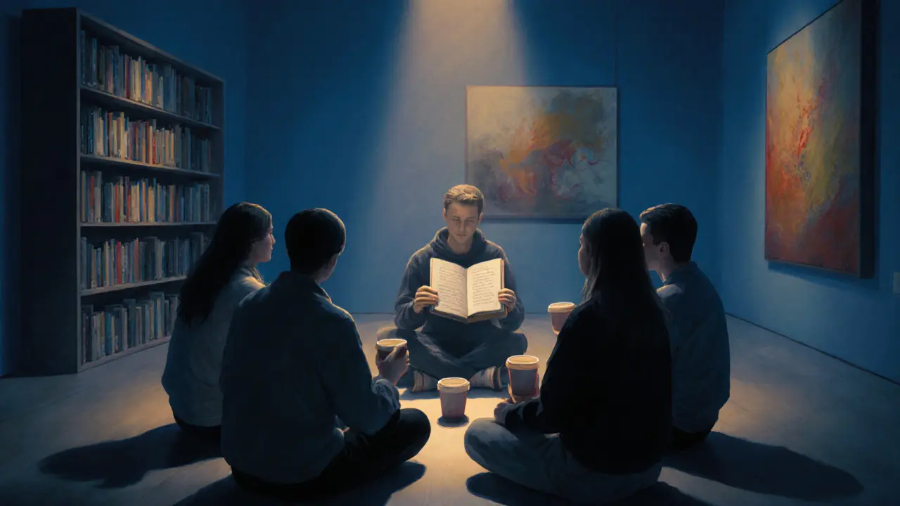 Группа людей слушает чтение поэзии в галерее, погружённые в тишину.