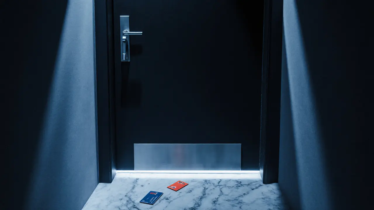 Ключ-карта на мраморной поверхности у закрытой двери без надписей в темном коридоре.