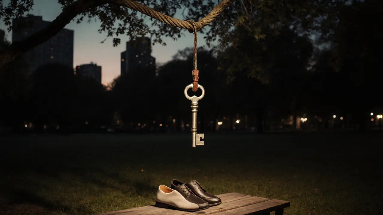 Ключ в форме верёвок и кожи висит на дереве, обувь рядом — символ освобождения от стыда.