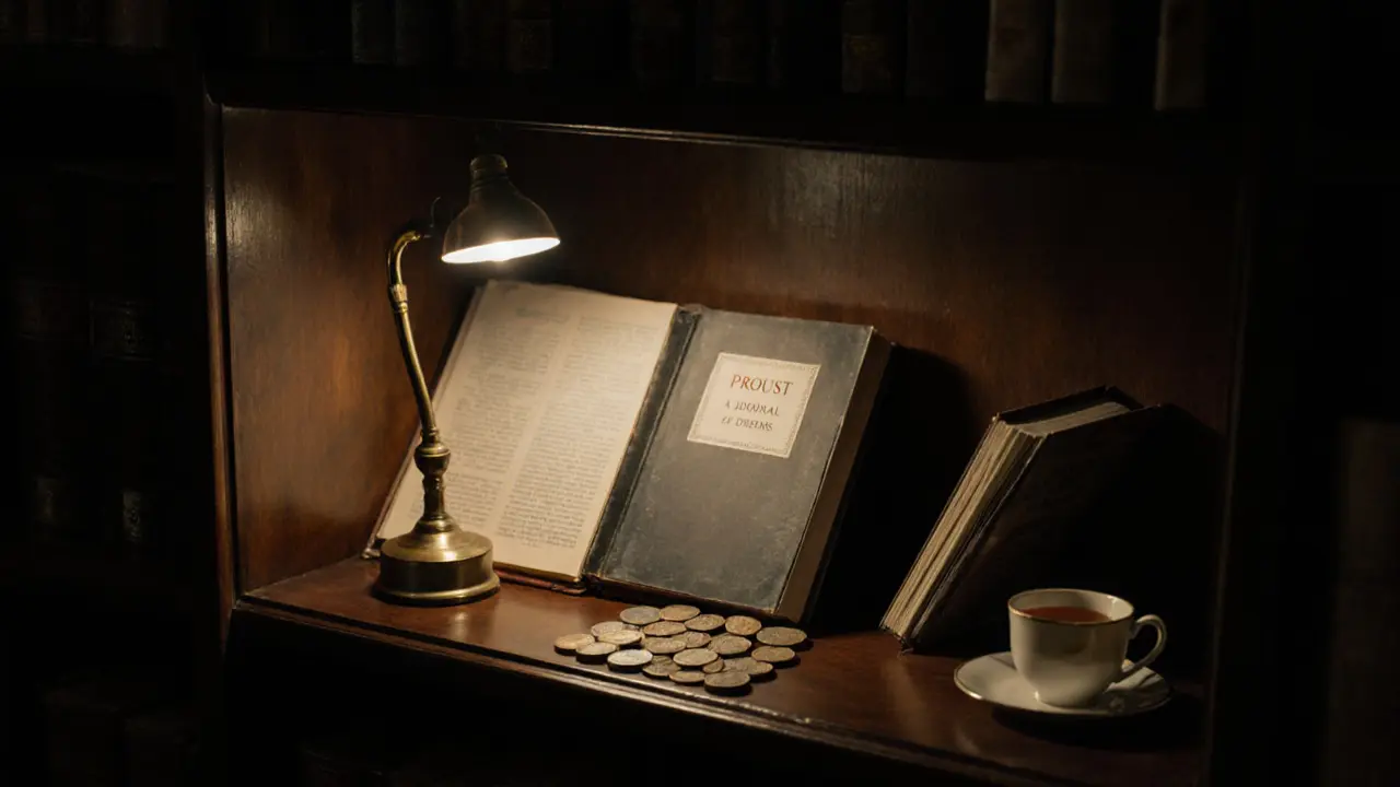 Книги, дневник и монеты на полке в библиотеке — следы глубокого, личного присутствия.