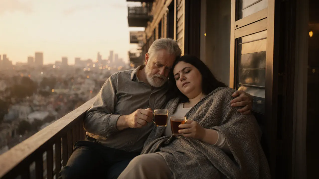 Мужчина и полная женщина сидят на балконе, обнявшись под пледом, на фоне городских огней — тишина и тепло между ними.