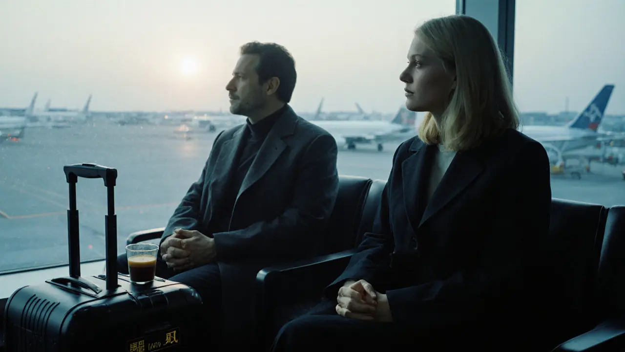 Мужчина и женщина в аэропортовом лаунже на рассвете, чемодан, тишина, первые лучи солнца.