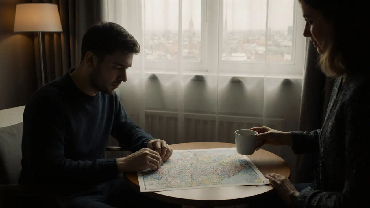 Мужчина с аутизмом изучает рисунок карты в номере отеля, рядом сопровождающий ставит чай.