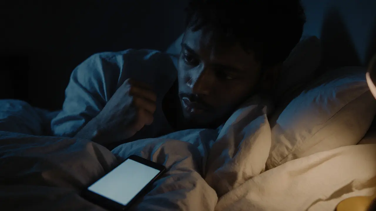 Мужчина смотрит в тёмное зеркало, одинокий, с выключенным телефоном на кровати.