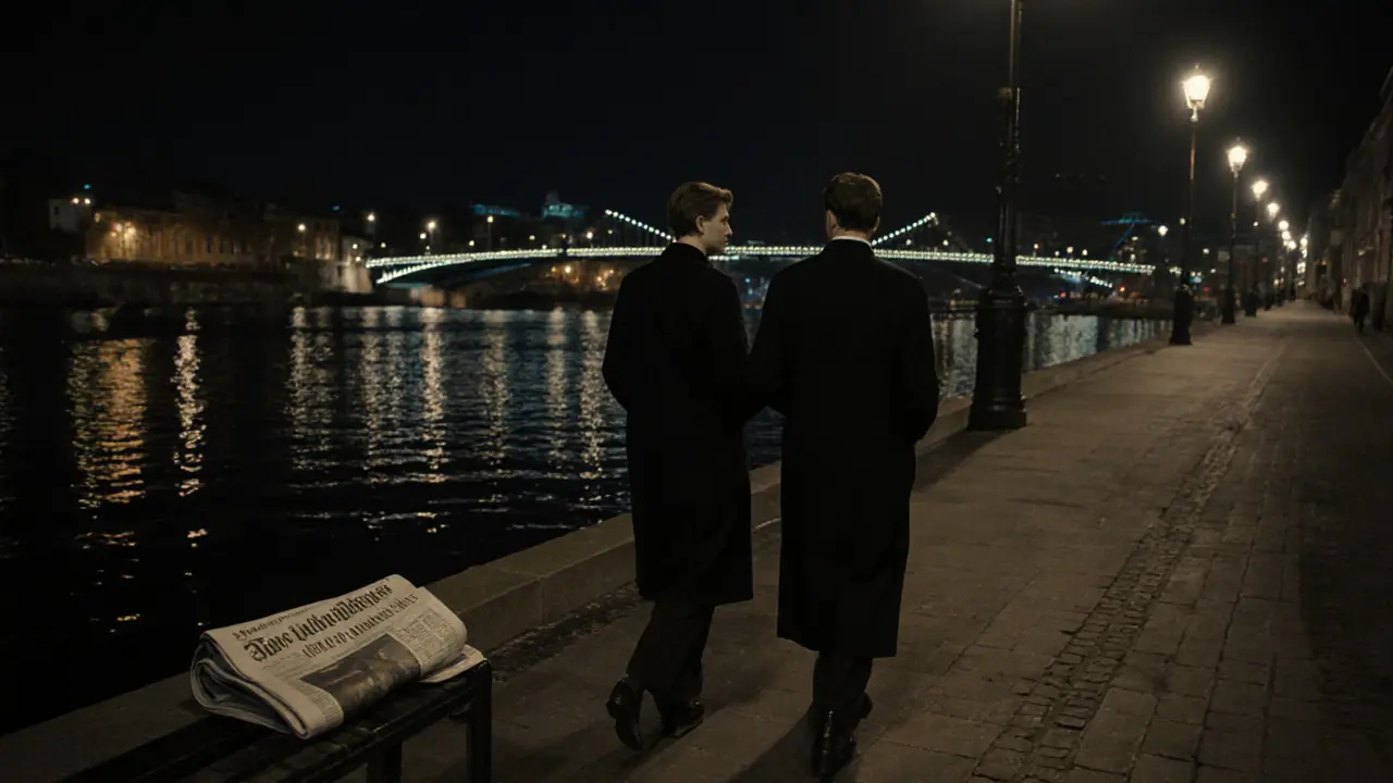 Ночная прогулка по набережной, клиент и сопровождающий идут рядом, без интимности.