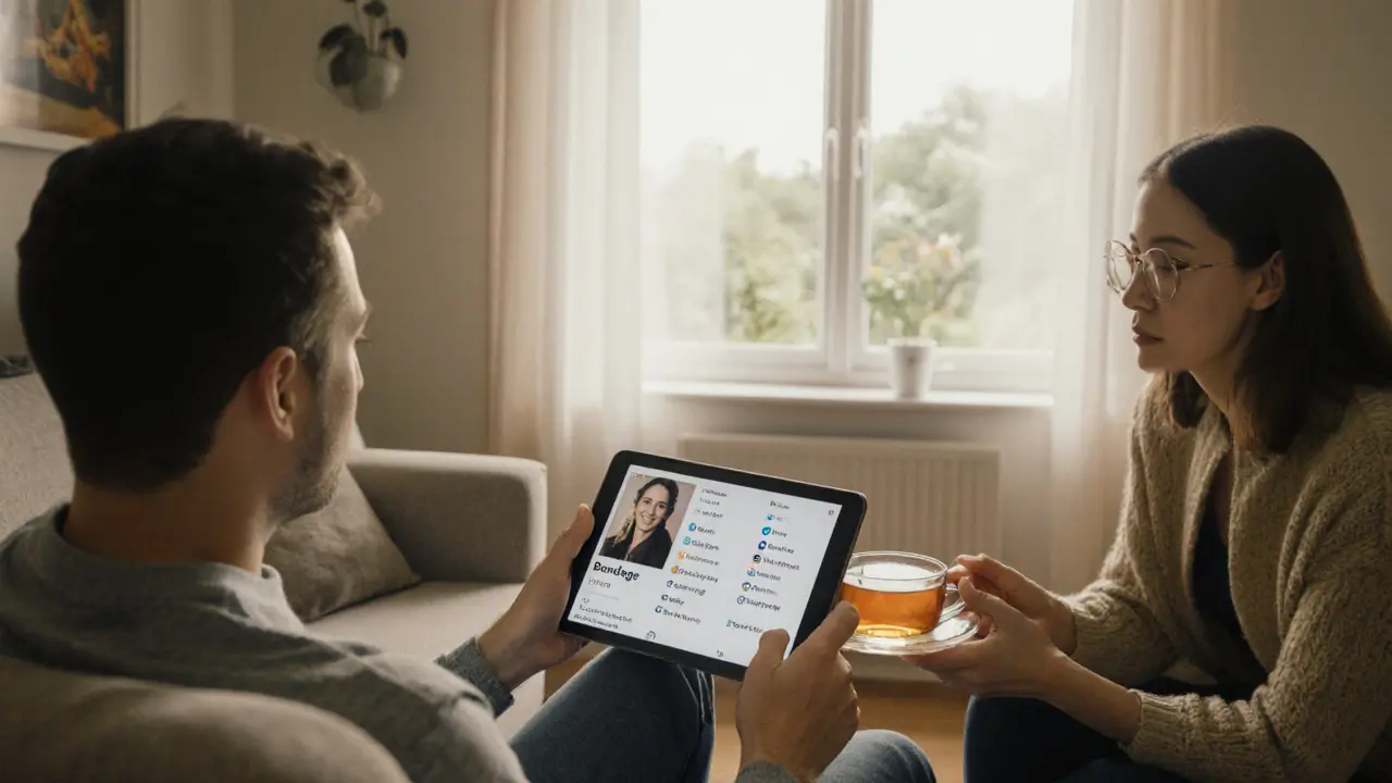 Пара обсуждает профиль эскорт-услуги с фетиш-специализацией, выражая открытость и принятие.