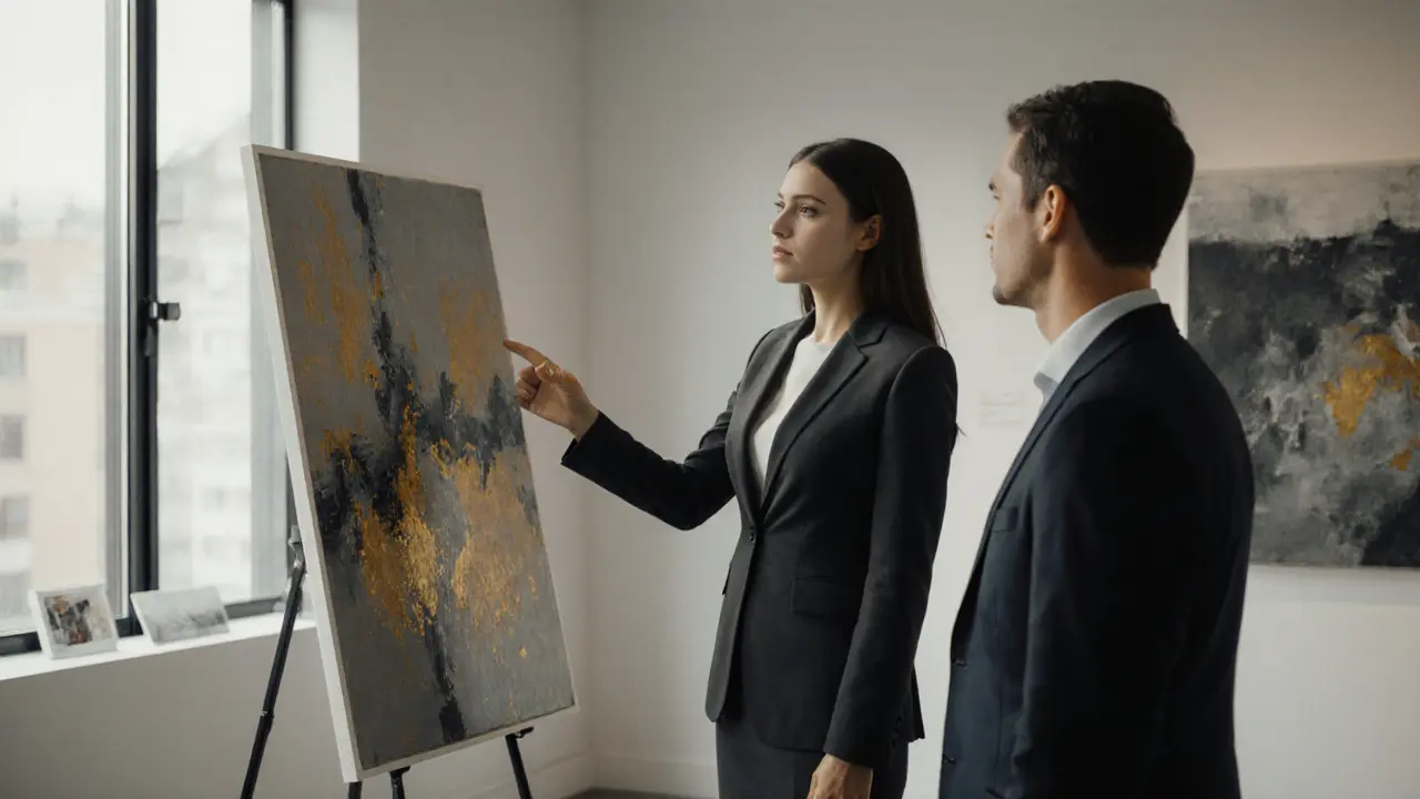 Профессиональная женщина в деловом костюме обсуждает искусство с клиентом в галерее.