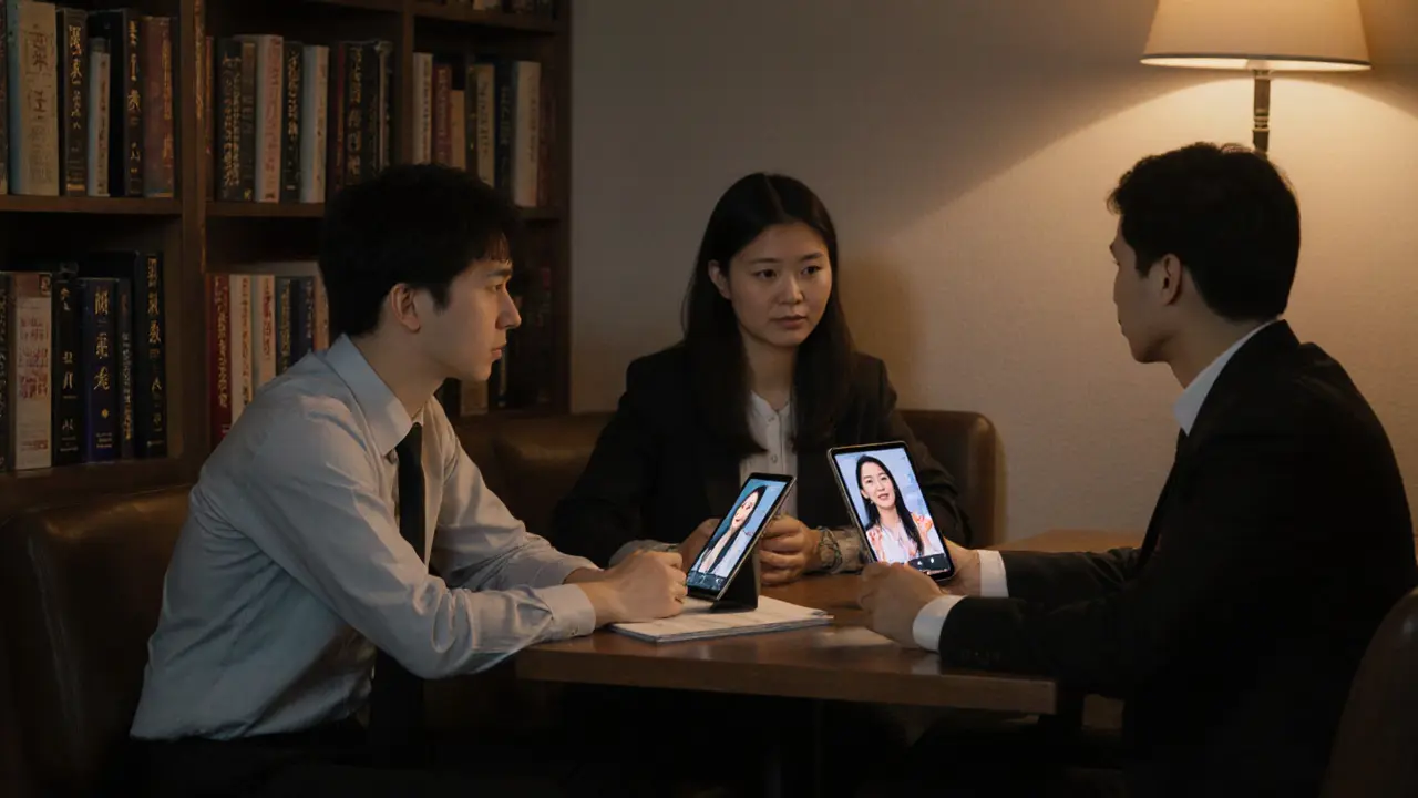 Профессионалы в московском кафе смотрят видео азиатской женщины, говорящей на русском, мягкий свет, атмосфера спокойного понимания.