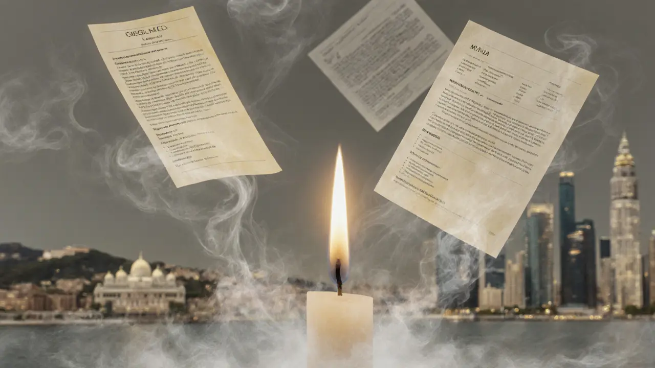 Прозрачные документы и силуэты городов, растворяющиеся в дыму вокруг негорящей свечи.