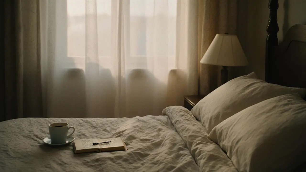 Пустая спальня на рассвете, на тумбочке — чашка кофе и открытая книга с закладкой.