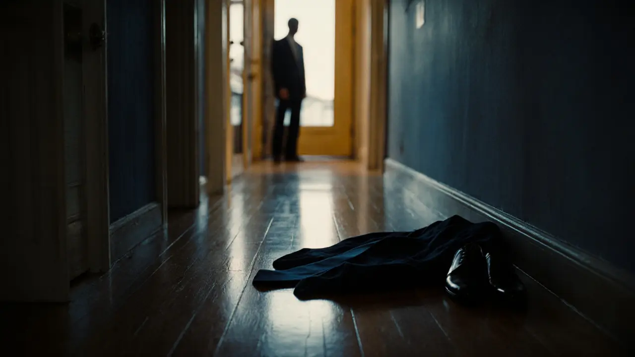 Пустой коридор, на полу лежат пиджак и галстук — после сессии.