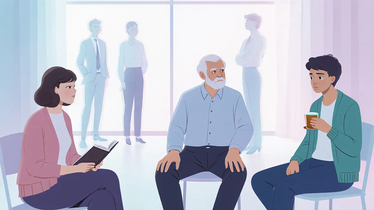 Разные люди в тихих моментах, вокруг — едва видимые силуэты поддерживающих их профессионалов.