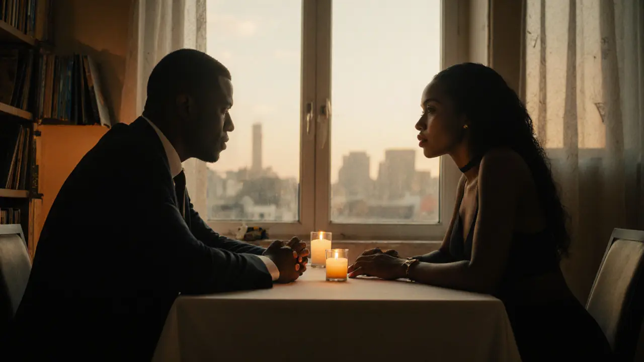 Российский мужчина и женщина с афро-карибским происхождением за ужином в тихой беседе.