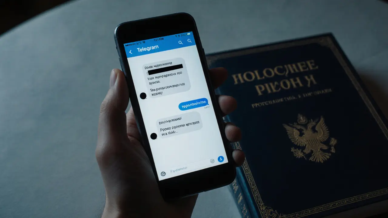 Рука держит телефон с нейтральной перепиской, рядом открыта книга по уголовному праву.