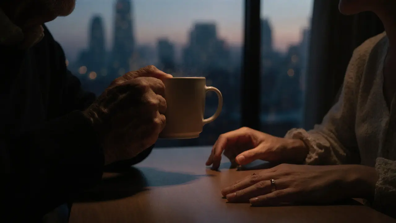 Руки человека и сопровождающей рядом на столе — тишина, чай, вечерний свет.