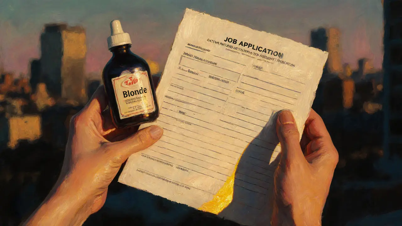 Руки держат бутылку для окрашивания волос и заявку на работу библиотекаря, свет падает на бумагу, фон — городской пейзаж.
