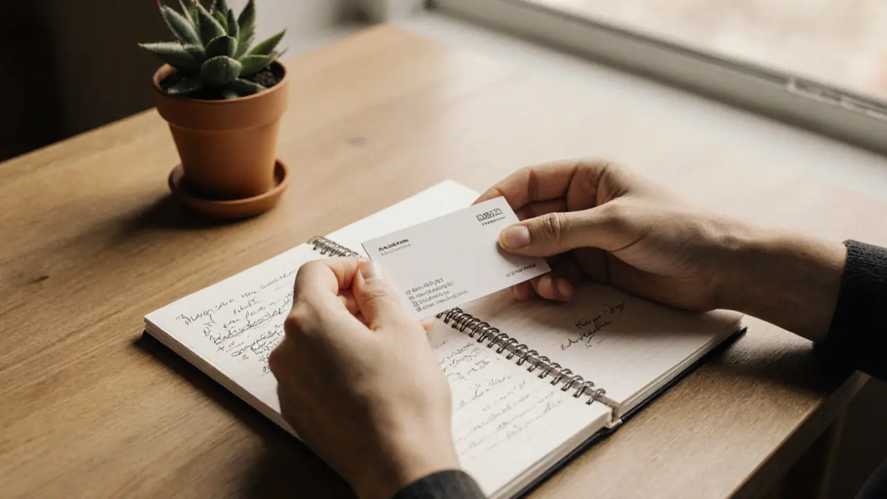 Руки кладут визитку на стол рядом с растением и блокнотом — символ личной ответственности.