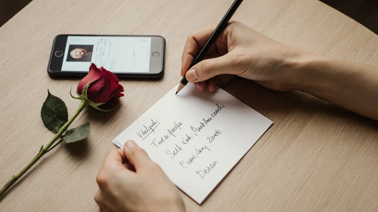 Руки кладут записку с временем встречи и розу на деревянный стол, на экране телефона — профиль.