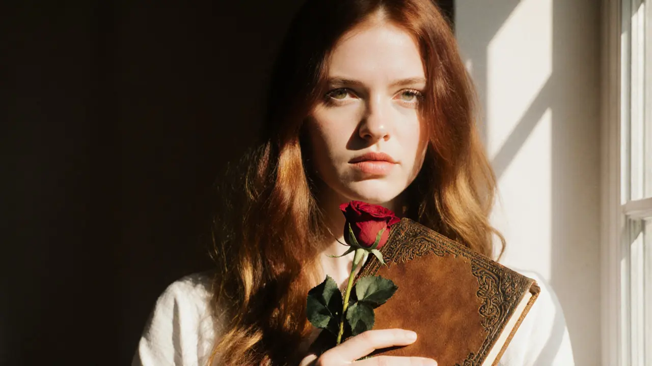 Руки рыжей женщины держат тетрадь и розу, солнечный свет подчёркивает естественные оттенки волос.