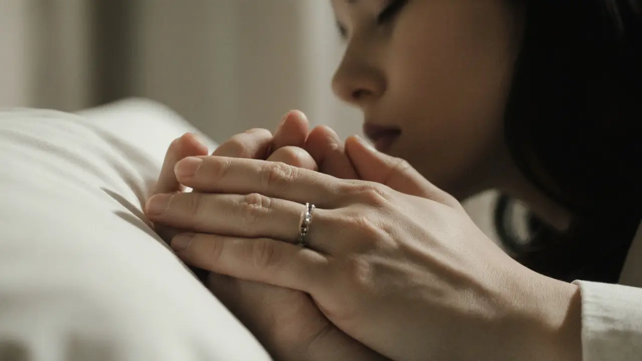 Руки, сцепленные рядом с подушкой, за фоном — тонкое соприкосновение губ, только дыхание и прикосновение видны.