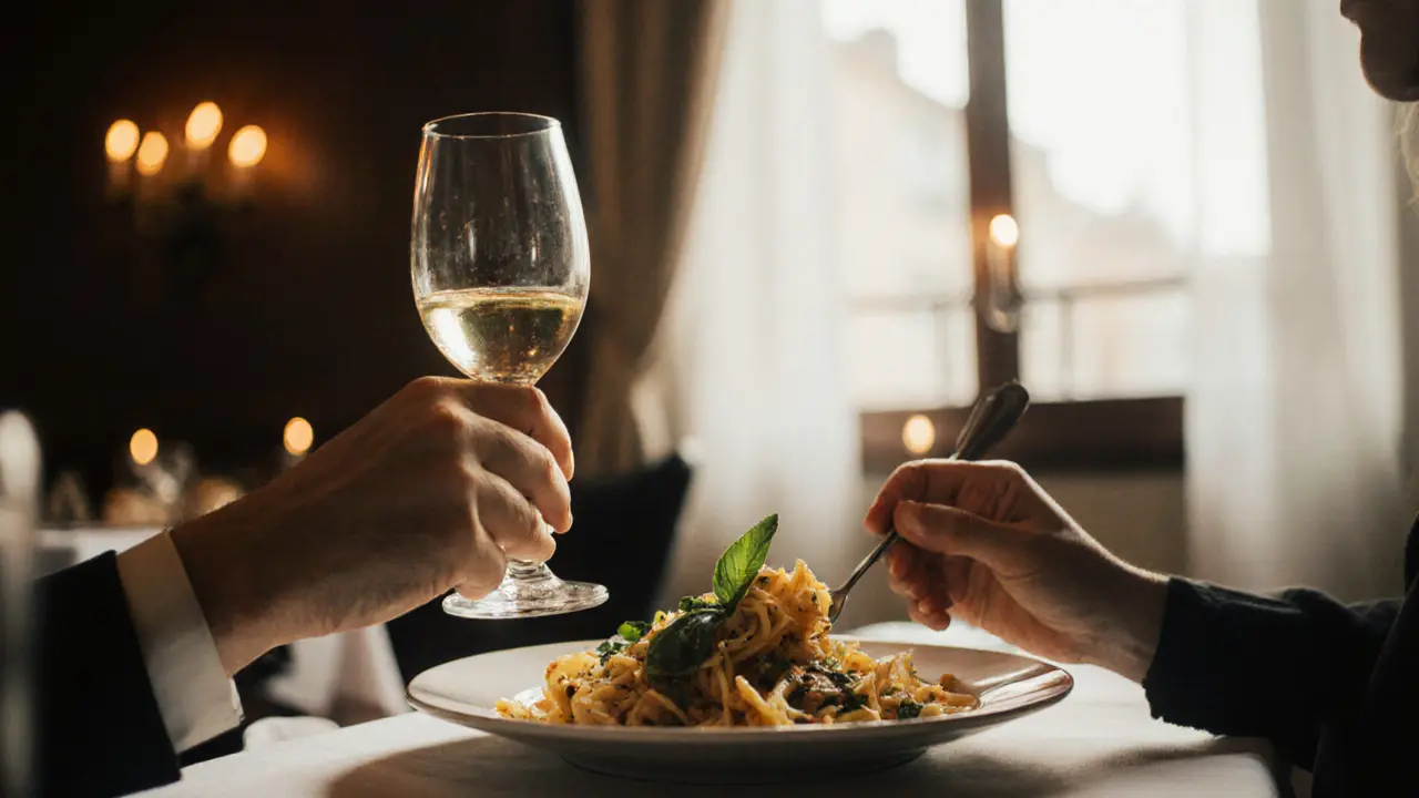 Руки за столом с бокалом вина и блюдом с базиликом.