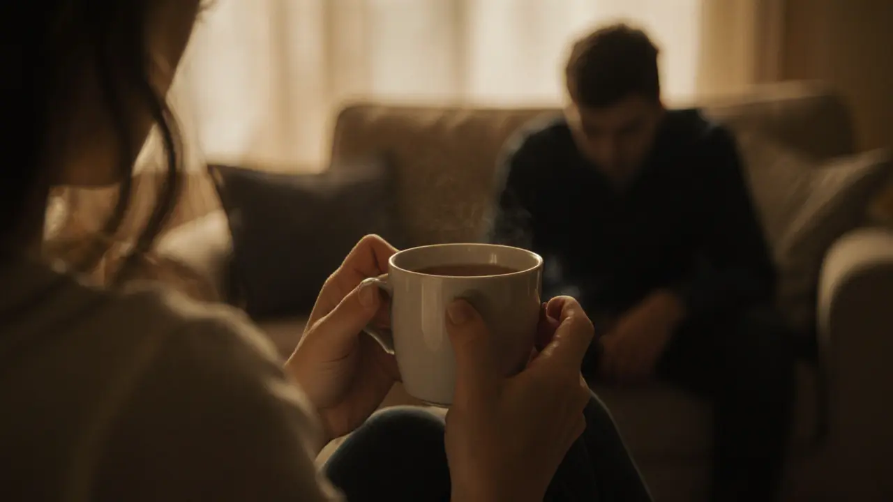 Руки женщины держат чашку чая, рядом — силуэт мужчины, погруженного в мысли.