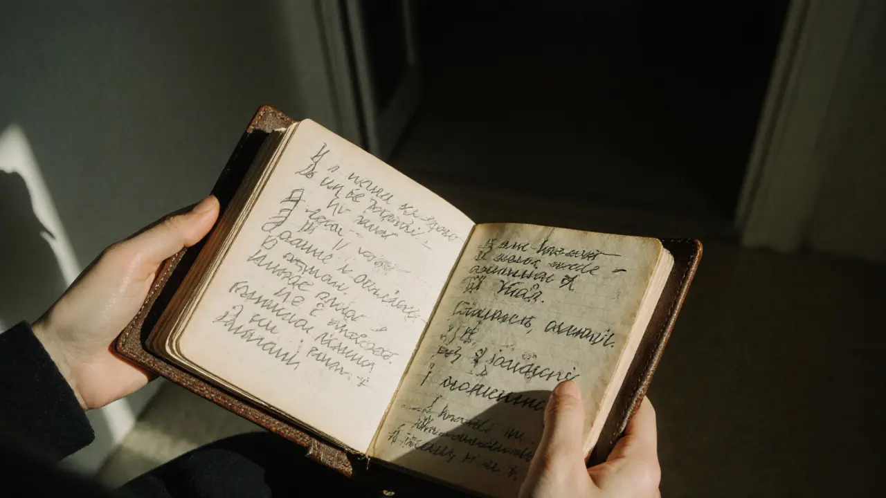 Руки женщины держат тетрадь с рукописными словами унижения.