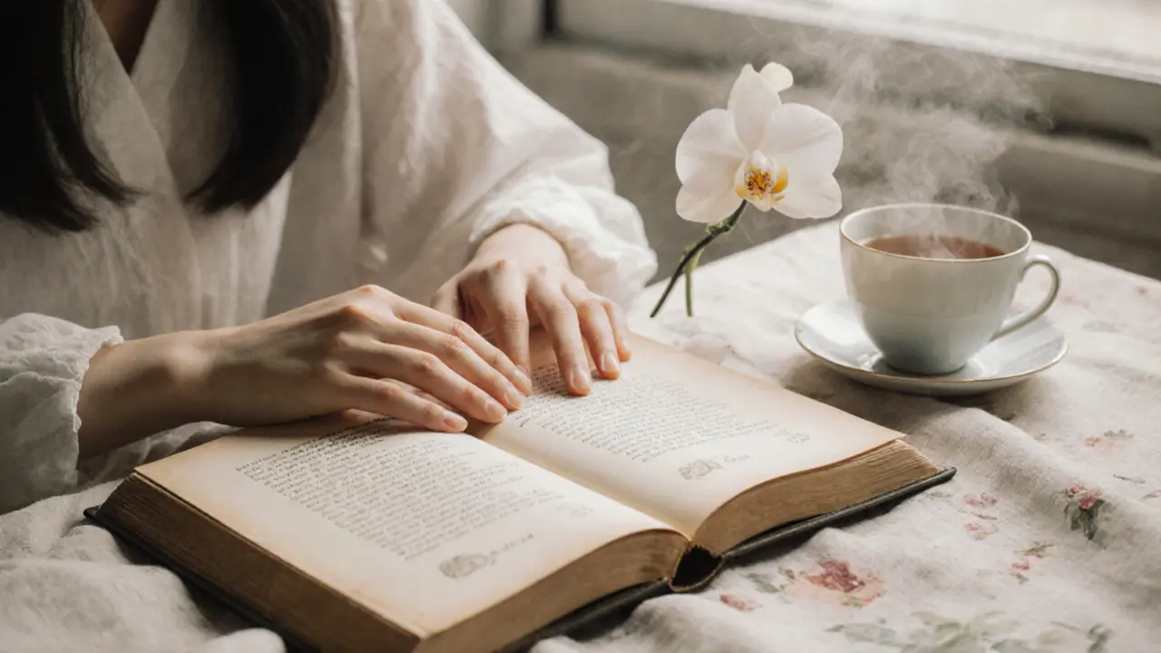 Руки женщины лежат на открытой книге с поэзией и чашкой чая.