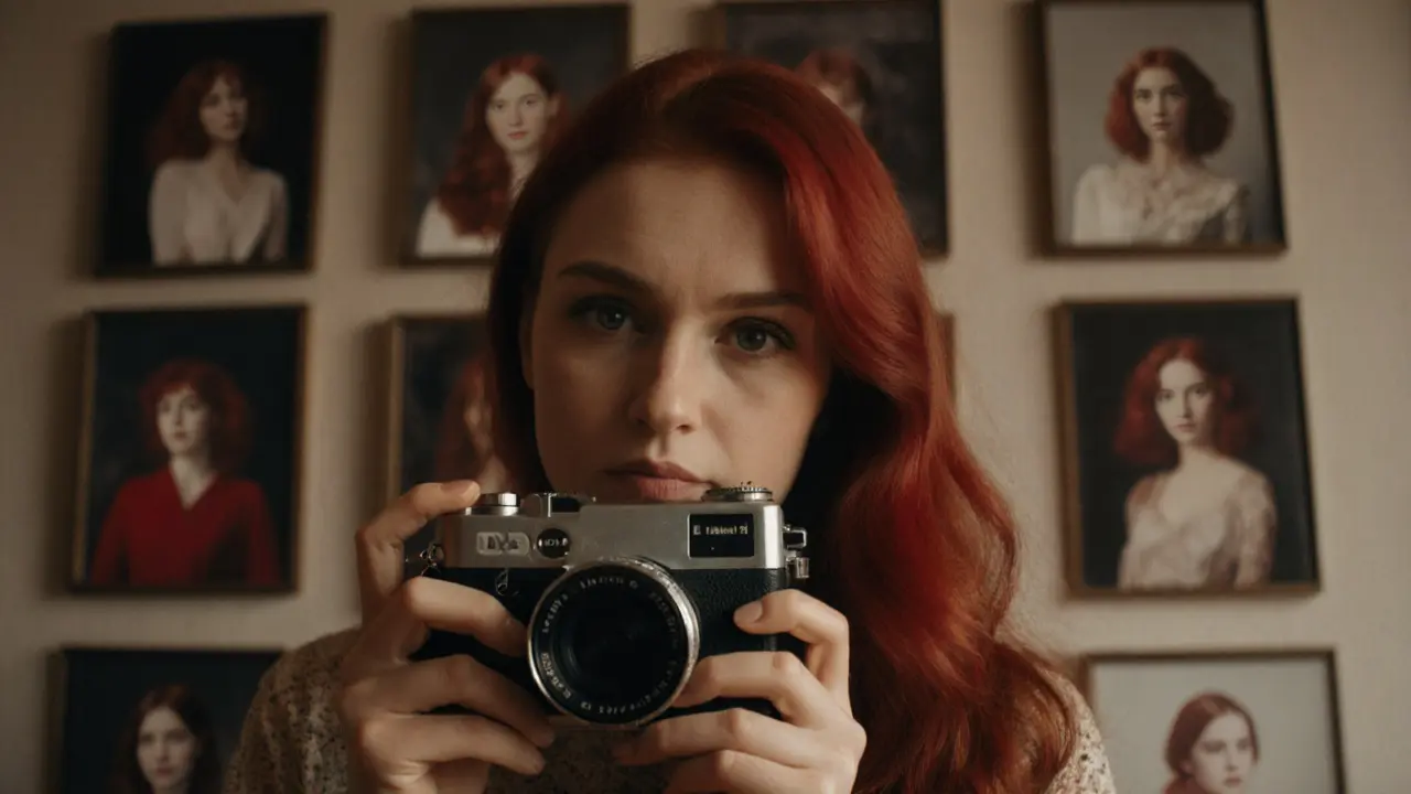 Руки женщины с рыжими волосами держат винтажную камеру, за ней — портреты других рыжих женщин в фотрамках.