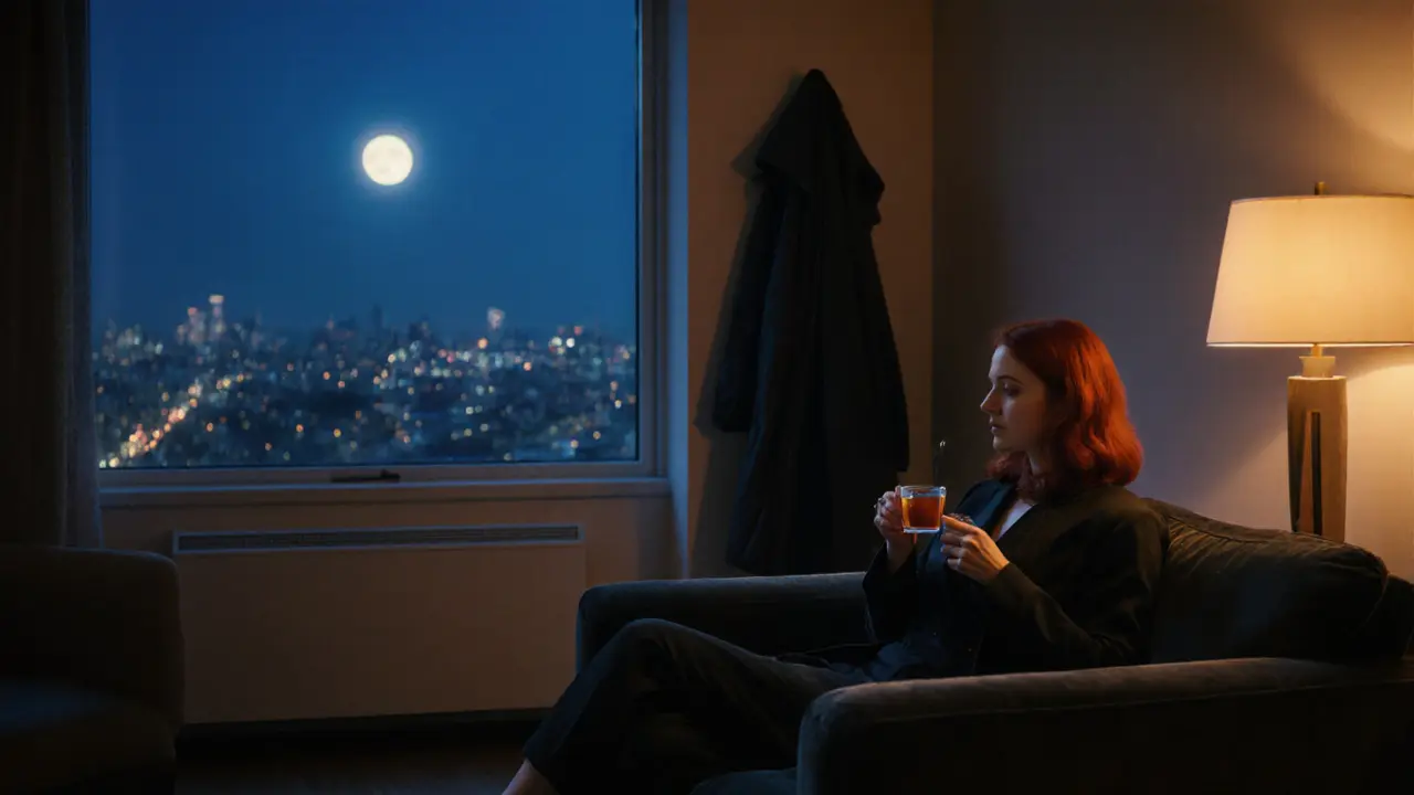 Рыжеволосая женщина сидит в тихой гостиной, глядя в окно на городские огни при лунном свете.