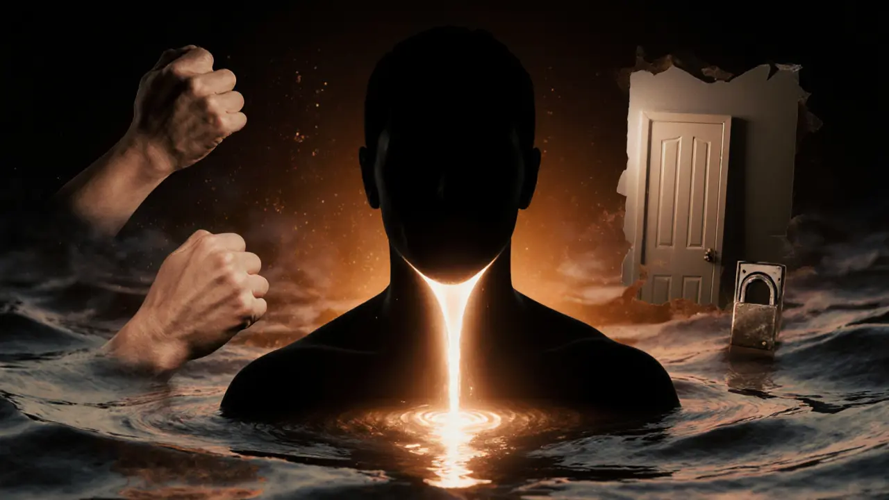 Силуэт человека с светом, входящим в горло, страх растворяется в тёплом свете — символ внутреннего принятия.