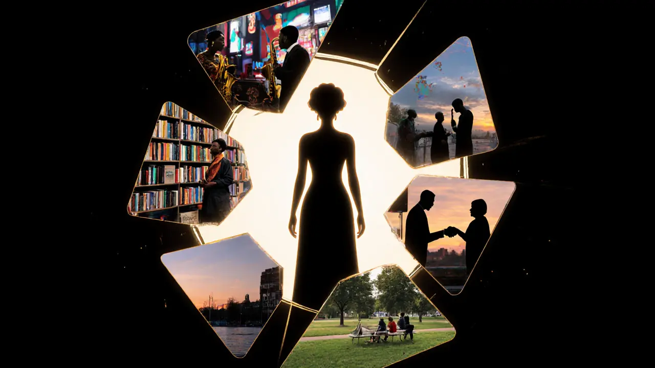 Силуэт женщины в зеркале, отражающем разные культуры и эмоции.