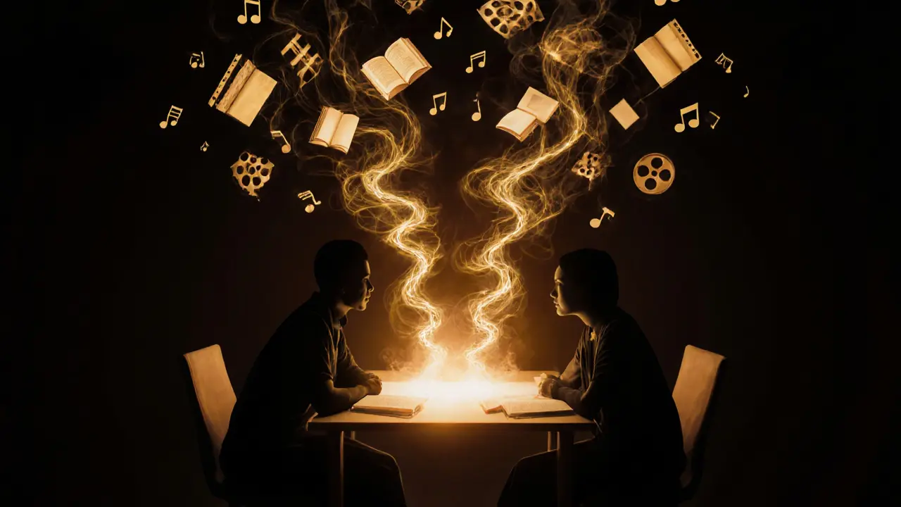 Силуэты, соединённые световыми нитями слов, символизирующие настоящий разговор.