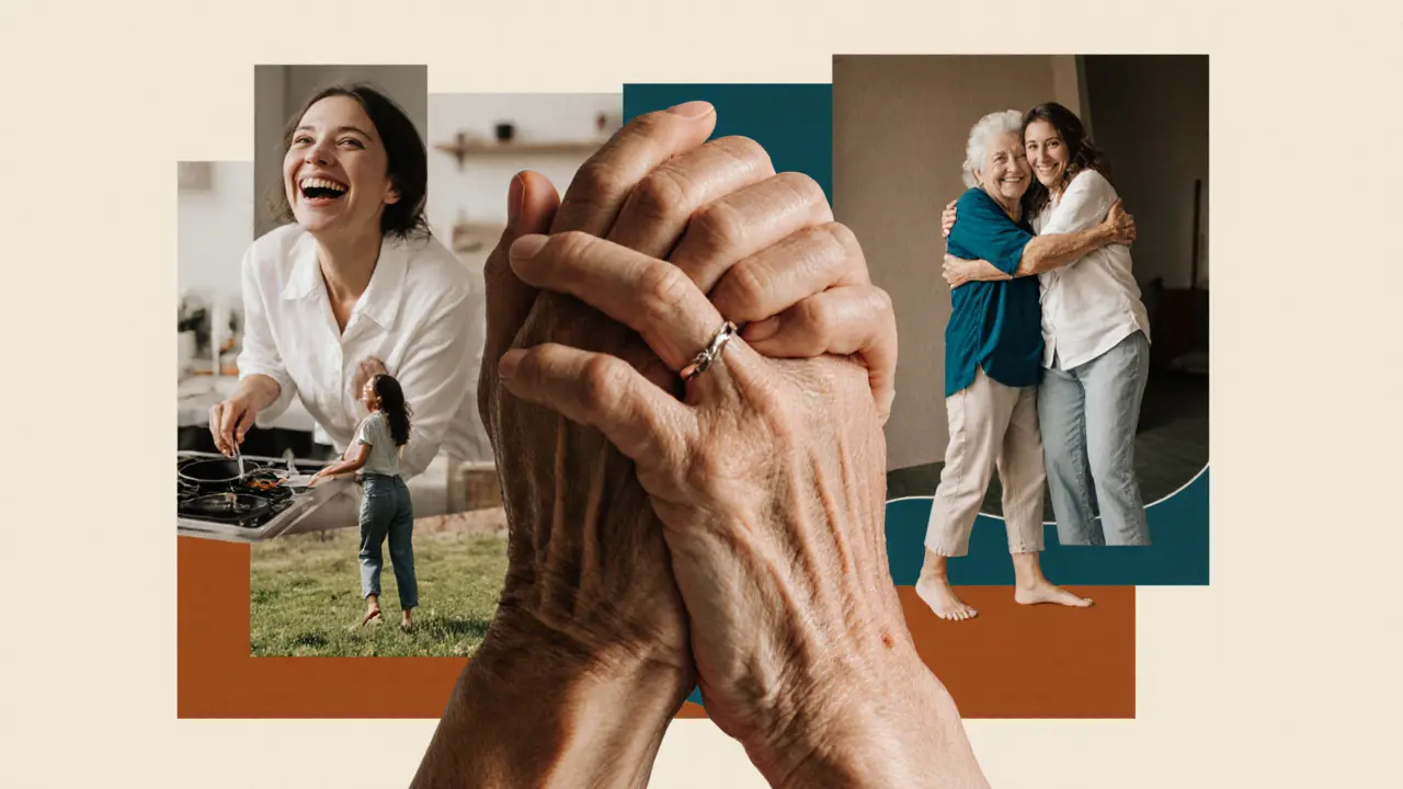 Соединённые руки — одна крупная, другая старше — на фоне размытых фотографий жизни, символизирующих принятие себя.