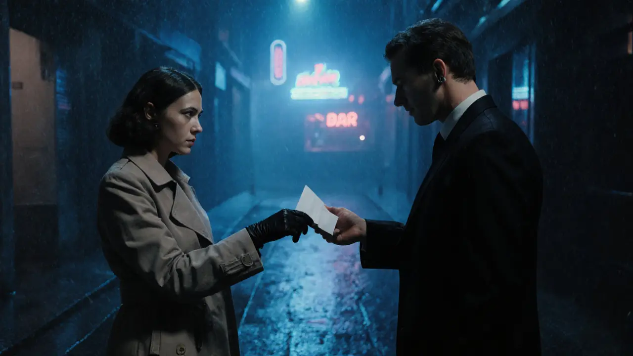 Тайная встреча в дождливом переулке ночью: женщина передаёт мужчине записку в тумане.