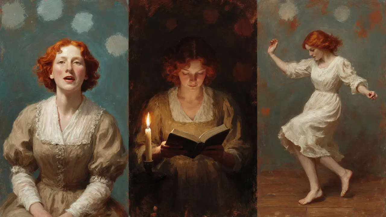 Три рыжие женщины в разных настроениях — смеющаяся, читающая, танцующая — каждый образ уникален.